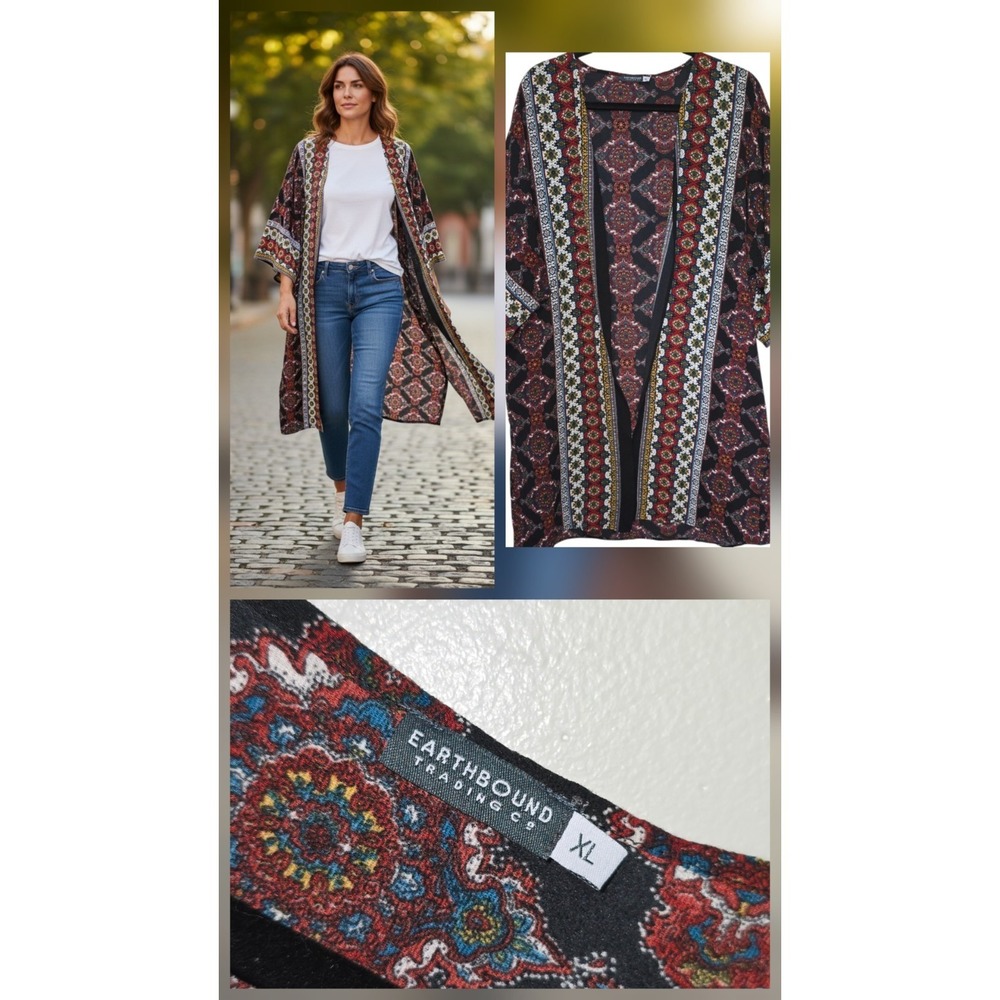Earthbound Trading Co Boho Kimono Cardigan Size XL Paisley Medallion Open